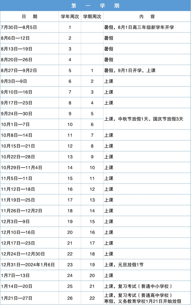 深圳普通中小学校校历2023—2024学年