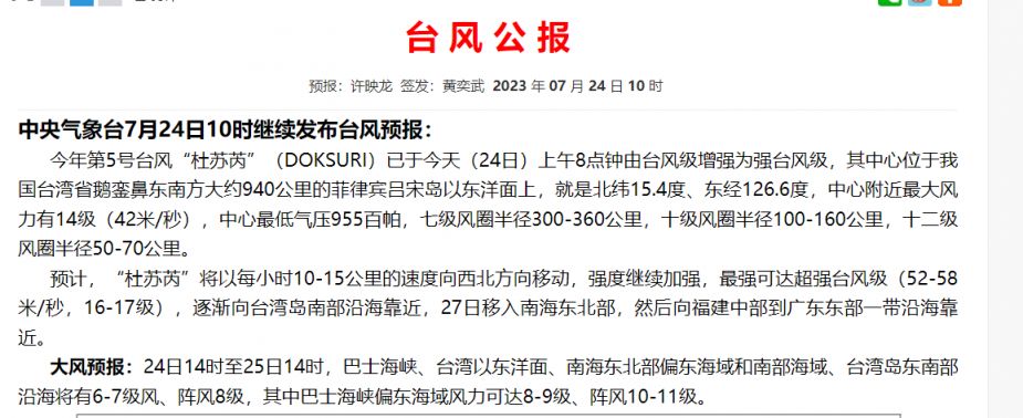 2023年五号台风杜苏芮增强为强台风级